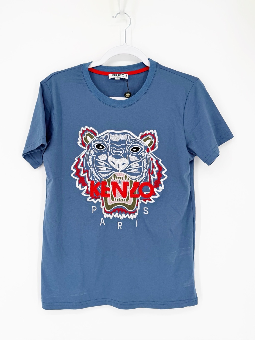 NWT KENZO Paris Blue Embroidered Lion Head T Shirt Large